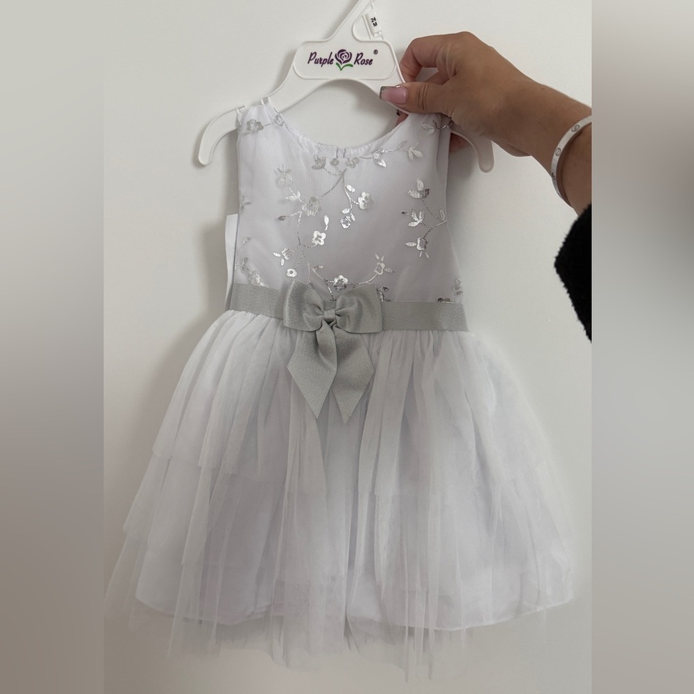 NWT Elegant White and Silver Baby Dress with Bow Detail